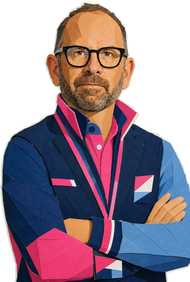 Jonathan Vaughters paper-collage staff portrait